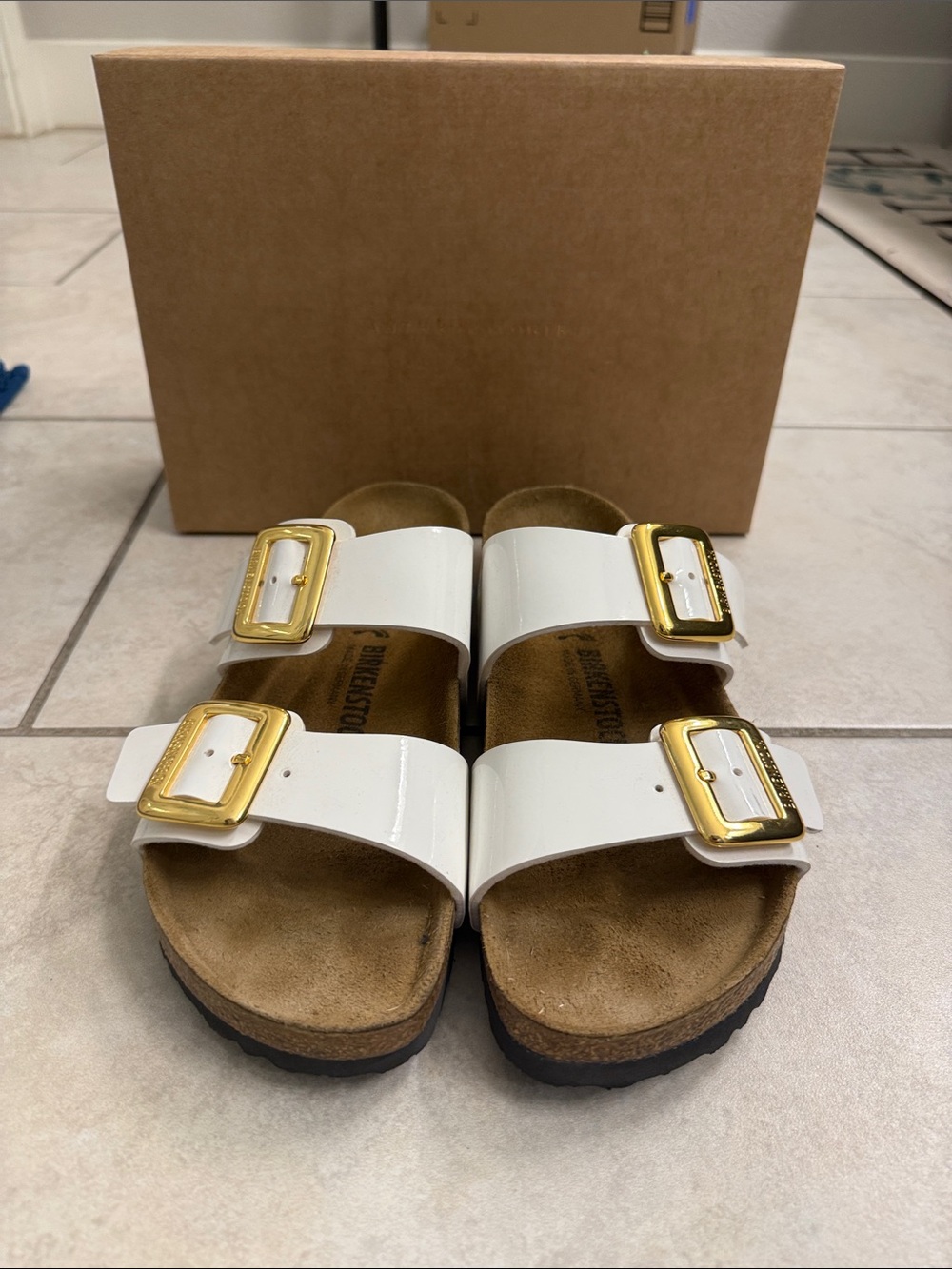 Birkenstock White Patent Arizona Sandals with Gold Buckles